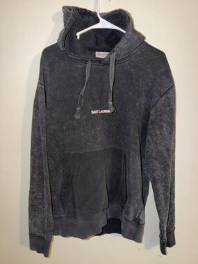 Saint Laurent Washed distressed Black Pullover Hoodie with Subtle Logo